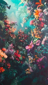 Verdant Paradise: Lush Flowers Cascade in Turquoise Light.