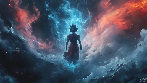 Cosmic warrior strides between colliding storms of fire and ice