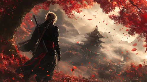 Lone samurai faces misty pagoda beneath burning autumn sky
