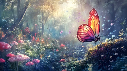 Radiant butterfly pauses in an enchanted, glowing forest glade