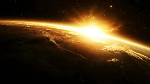 Solar dawn igniting Earth&rsquo;s horizon in radiant orbit glow.