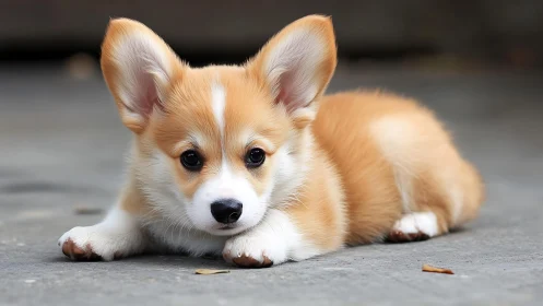 Corgi puppy rests on pavement in warm, softly blurred light