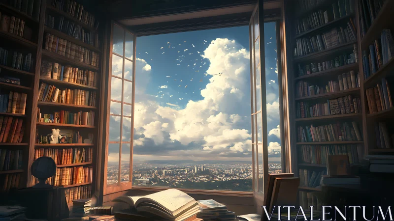 Bookshelves frame open window overlooking bright cityscape