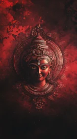 Radiant divine portrait glowing in deep cosmic crimson.