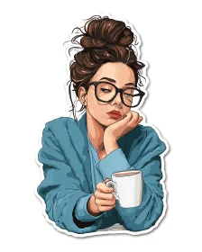 Digital portrait of pensive woman with mug and oversized glasses.