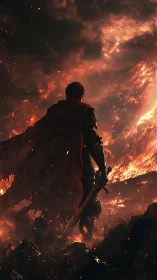 Lone ember knight standing defiant beneath a burning sky.