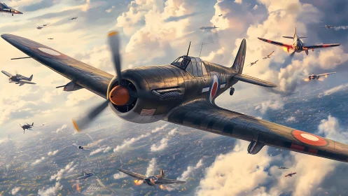 Storm of wartime fighters above clouds in dynamic pursuit.