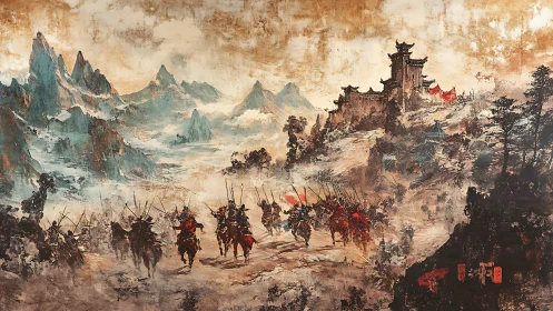 Ancient mounted warriors charge toward a misty mountain fortress.