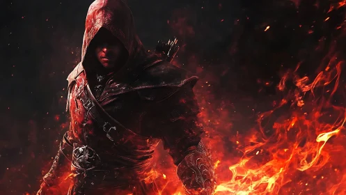 Hooded fantasy warrior in red armor surrounded by fire.