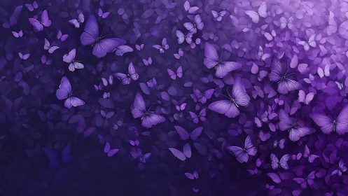 Violet gradient digital swarm of stylized luminous butterflies