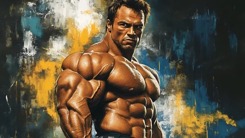Bronze titan of muscle framed by wild abstract thunderclouds.
