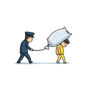 Guard pulls prisoner burdened by oversized pillow chain