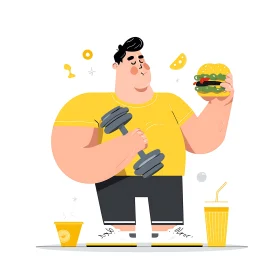 Overweight man lifts dumbbell while craving burger meal.