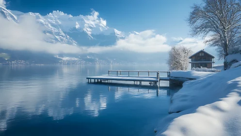 Snow-dusted lakeside jetty quietly mirrors cloud-draped peaks
