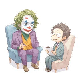 Two stylized characters conduct seated interview in chairs