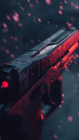 Pistol glows under neon rain with cinematic close focus.