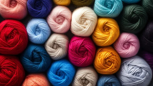 Colorful wool yarn skeins arrange in tight geometric grid.