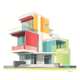 Modern cubic house illustration with bold color blocks.