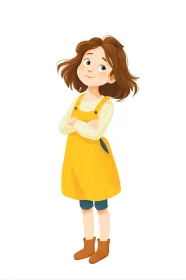 Curly haired girl in yellow pinafore dress on white background