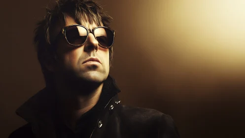 Cinematic portrait of man in sunglasses under radial spotlight.
