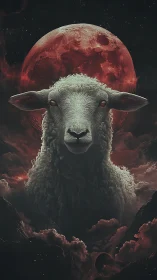 Luminous sheep rises beneath a blood moon in stormy skies