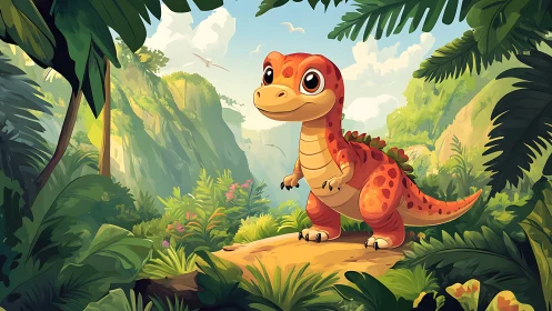 Digital painting of cute dinosaur in lush jungle environment.