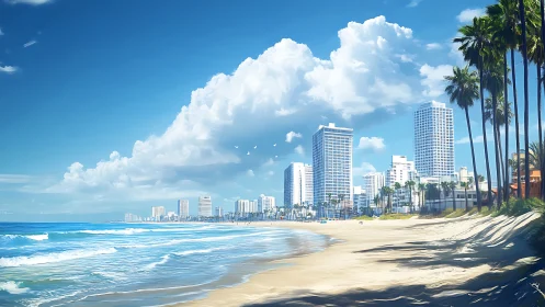 Sunlit skyscraper shore where lazy waves court the city.