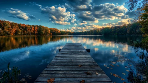 Quiet wooden pier kissing a mirrored autumn lake horizon.