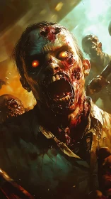 Ferocious zombie horde lunges forward under fiery light.