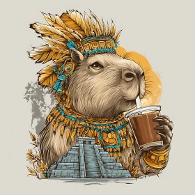 Regal capybara in Aztec finery sipping modern iced drink.