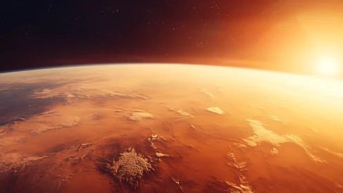 Martian horizon glows under rising sun in deep space.
