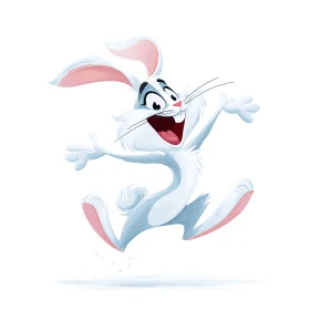 Energetic white cartoon rabbit leaping with exuberant joy.