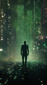Silhouette striding through emerald code towers at night.