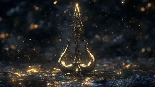 Gleaming golden trident relic glowing in a dreamy night.