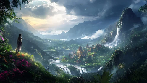Mystic jungle valley with temple city and cascading waterfalls.