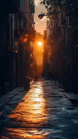 Sunlit alleyway river of gold between waking city walls.