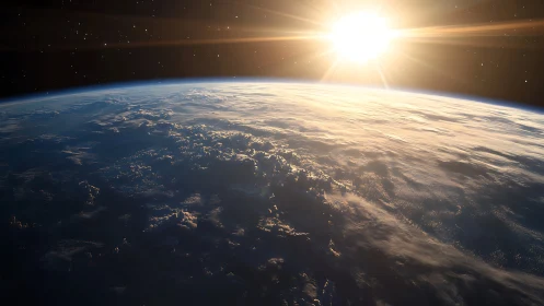 Photorealistic orbital view of sunrise over Earth horizon.