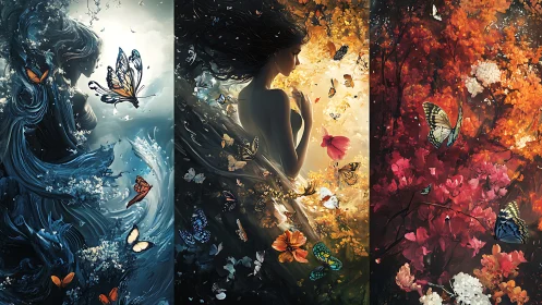 Elemental goddess triptych with luminous seasonal butterflies.