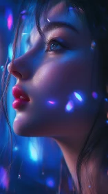 Neon whispers paint her gaze with electric midnight dreams