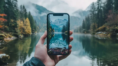 Smartphone frames alpine lake reflection in misty forest.