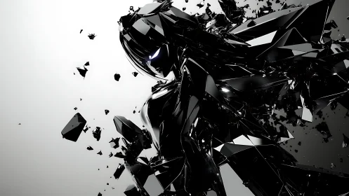 Shattered black android erupts into dynamic crystalline shards