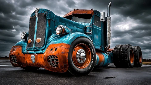 Weathered teal&ndash;orange semi truck under turbulent storm sky.