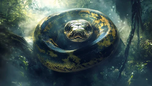 Coiled green anaconda resting in dense misty rainforest.