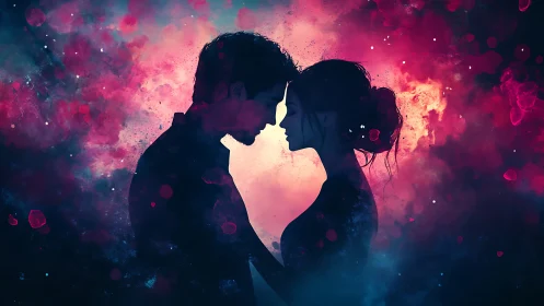 Silhouetted Couple in Romantic Digital Luminescence.