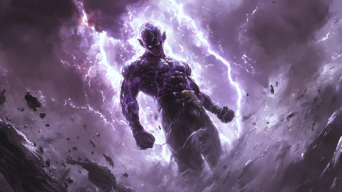 Armored cosmic warrior emerges within violent purple storm