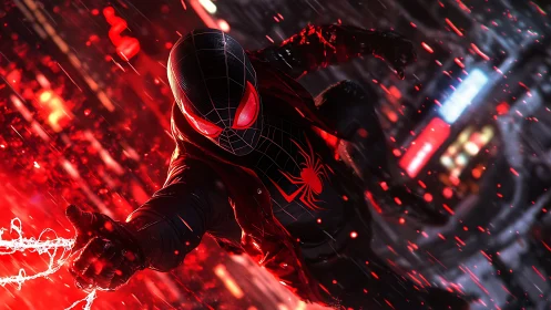 Masked superhero swings through rainy neon city at night