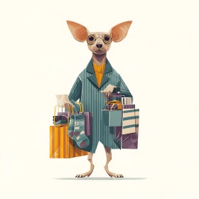 Stylish chihuahua in coat confidently juggles shopping bags.
