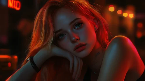 Softly lit girl resting in neon night caf&eacute; glow.