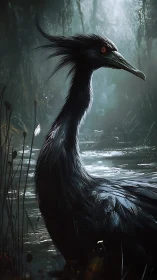 Black waterbird with crest in misty wetland environment.
