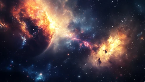 Starborn inferno erupts across a newborn cosmic frontier.
